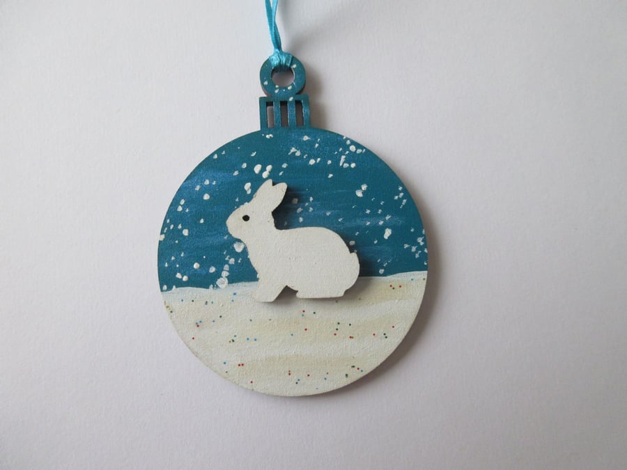 Bunny Christmas Tree Bauble Hanging Decoration Snow Rabbit Winter Scene