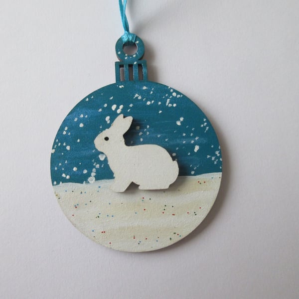 Bunny Christmas Tree Bauble Hanging Decoration Snow Rabbit Winter Scene