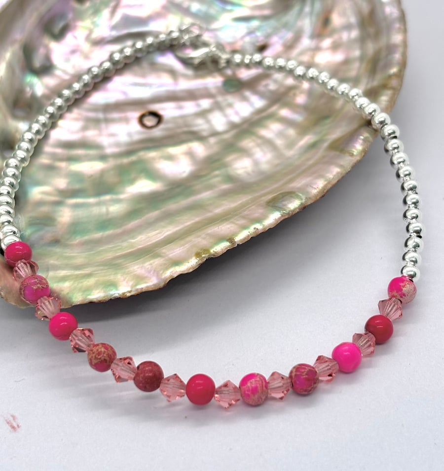 Pink and Silver Beaded Anklet