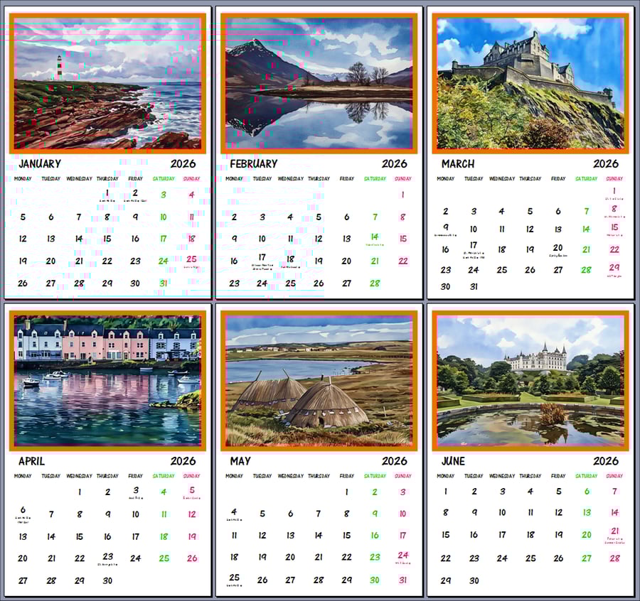 2026 A4 Calendar Scotland Watercolor Scenes 