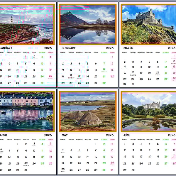 2026 A4 Calendar Scotland Watercolor Scenes 