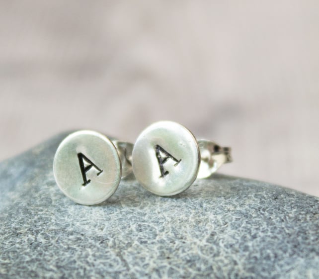 Ecosilver Stamped Initial Stud Earrings, Personalised Earrings, Stocking filler