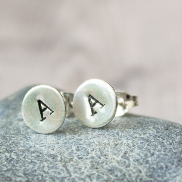 Ecosilver Stamped Initial Stud Earrings, Personalised Earrings, Stocking filler