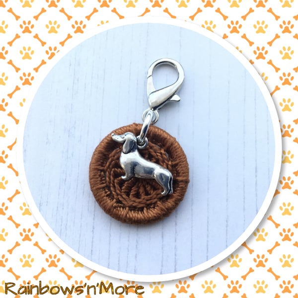 Brown Dorset Button with Dachshund Charm for Bag, Zip, Journal