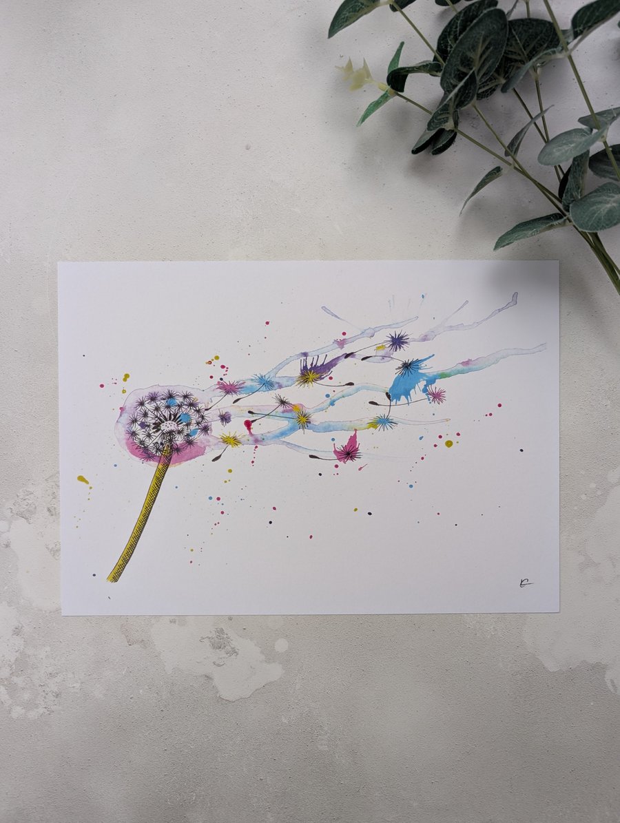 Dandelion Print, Rainbow Dandelion Art, Make a Wish Print - End of Line Print