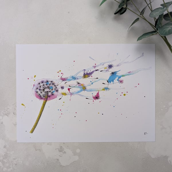 Dandelion Print, Rainbow Dandelion Art, Make a Wish Print - End of Line Print