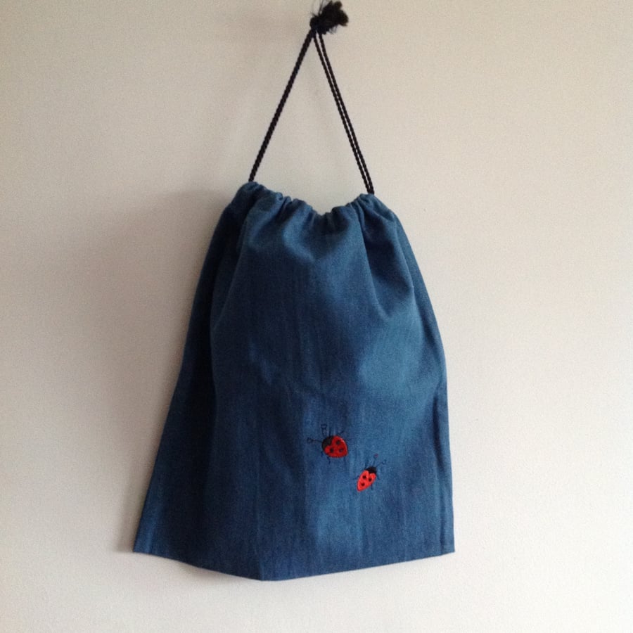 Denim Ladybird Drawstring Bag
