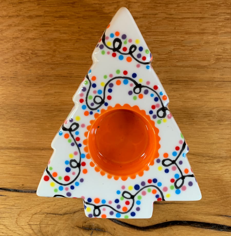 Ceramic Fairy Light Tree Tea light Holder, Hand Painted Pottery Christmas Candle
