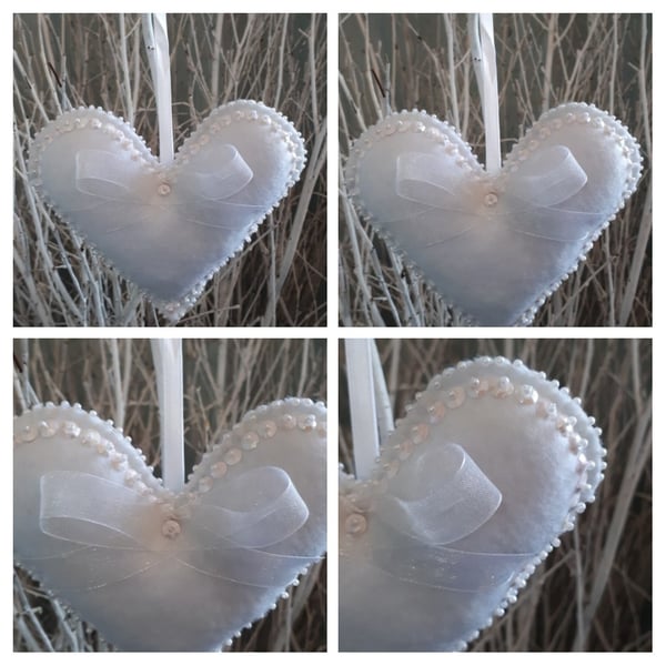 Heart hanger in white felt and pearl seed beads and sequins 