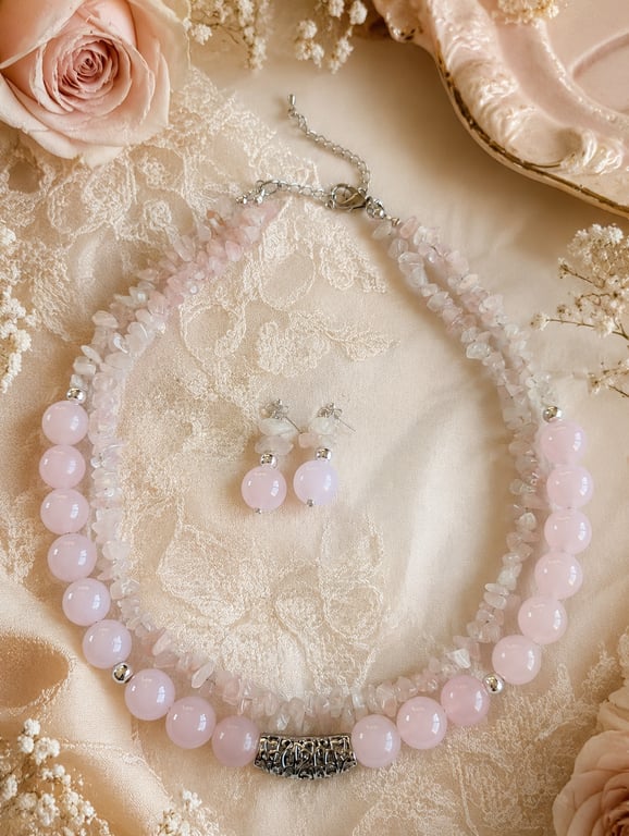 Rose Quartz Necklace & Earrings Set – Handcrafted Statement Gemstone Jewellery