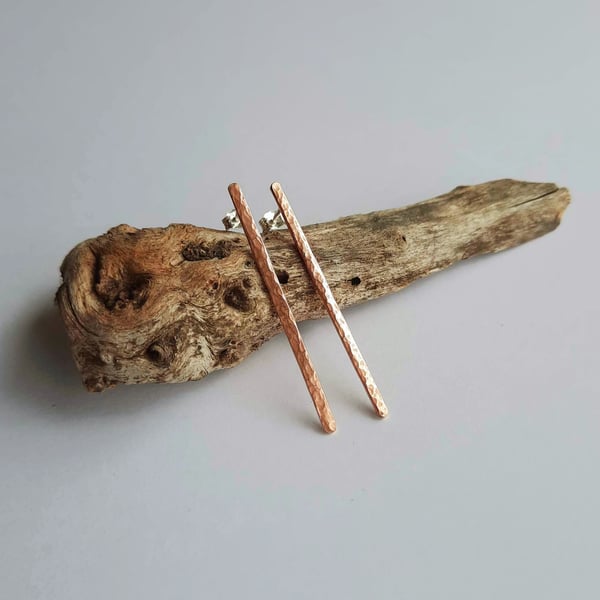 Textured Copper Stick Stud Earrings - Long