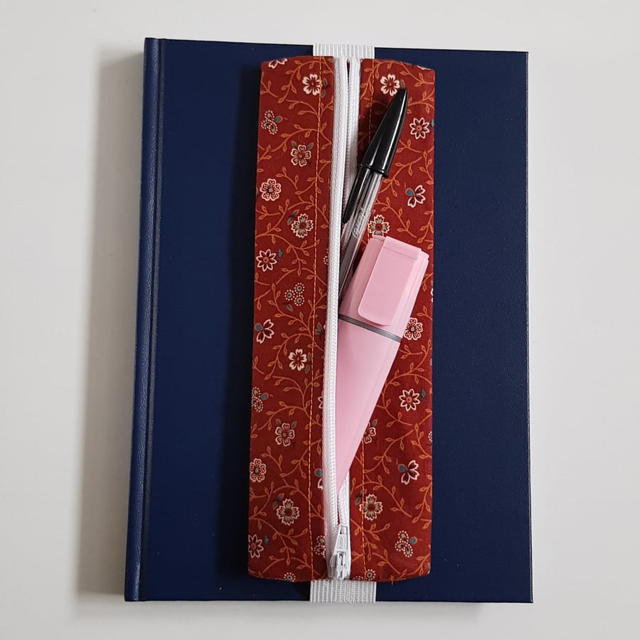 Handmade A5 Planner Zipper Pouch - Rust Floral Pen Holder