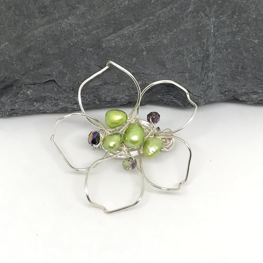 Flower Brooch, Freshwater Pearls  & Crystals, Gift For Her