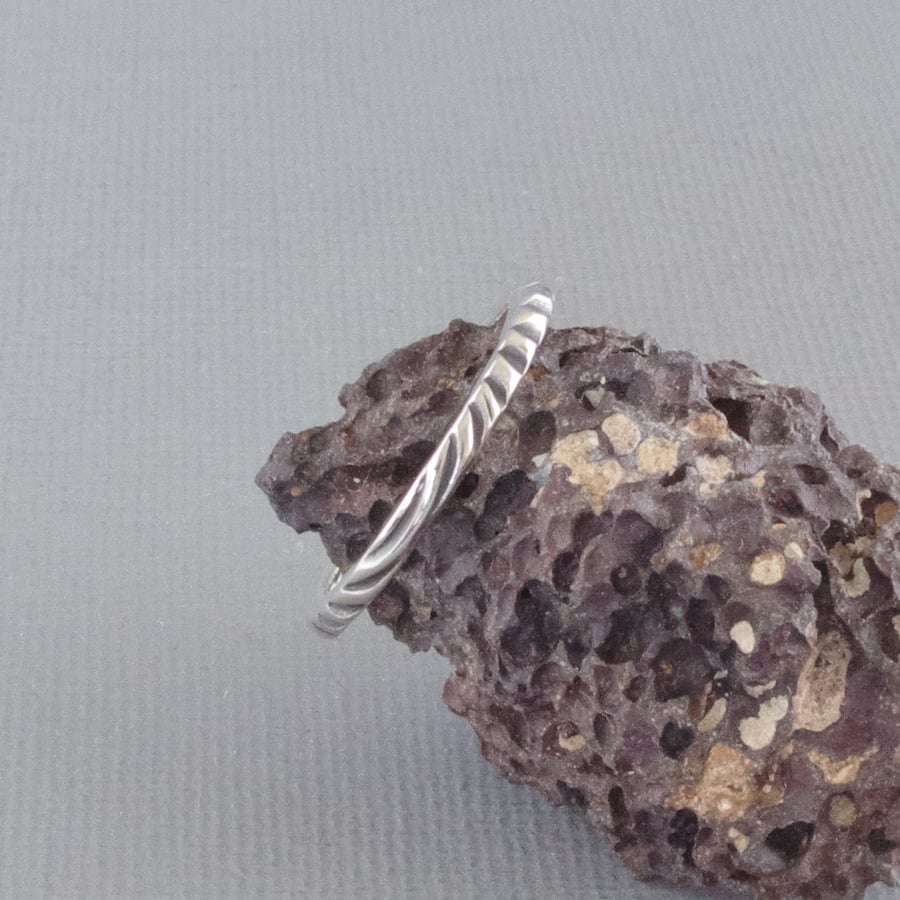 Zebra Striped Textured Oxidised Sterling Silver 2 mm Thick Stacking Ring 2