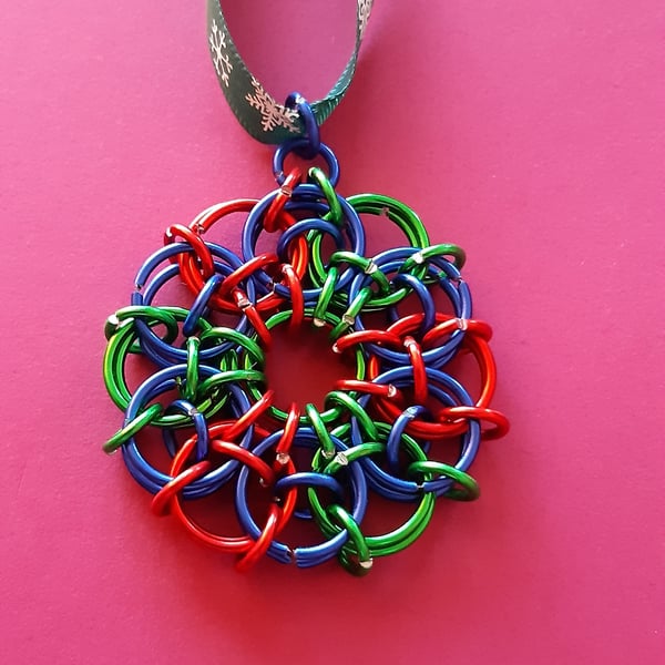 Chainmail triskelion Christmas decoration bauble red blue and green