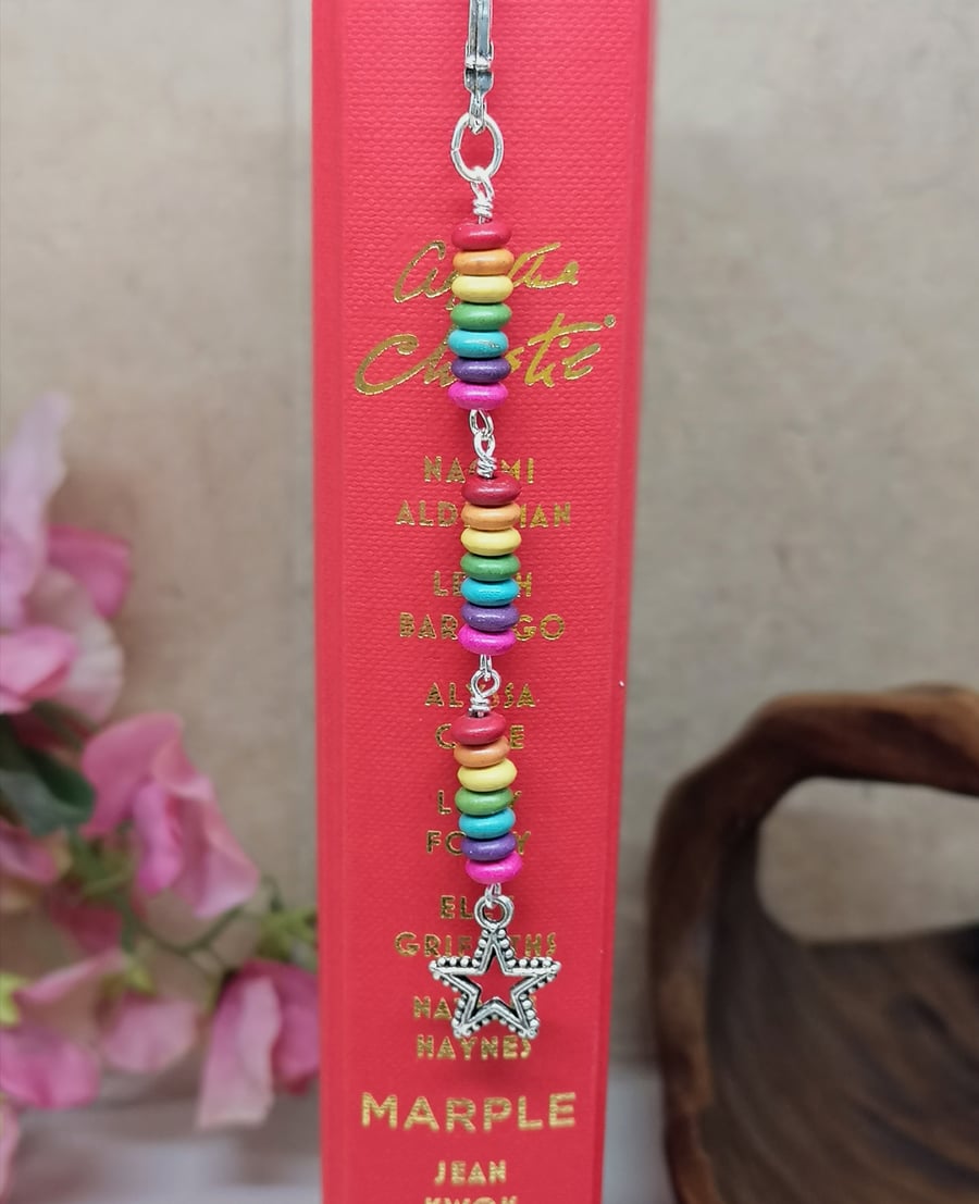 Rainbow bookmark with star charm, gifts for readers