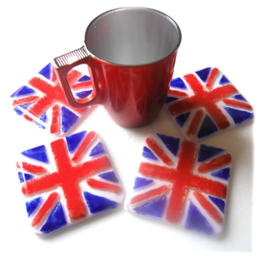 sold Patriotic Union Jack Fused Glass Coasters Set of 4 8cm Hand painted