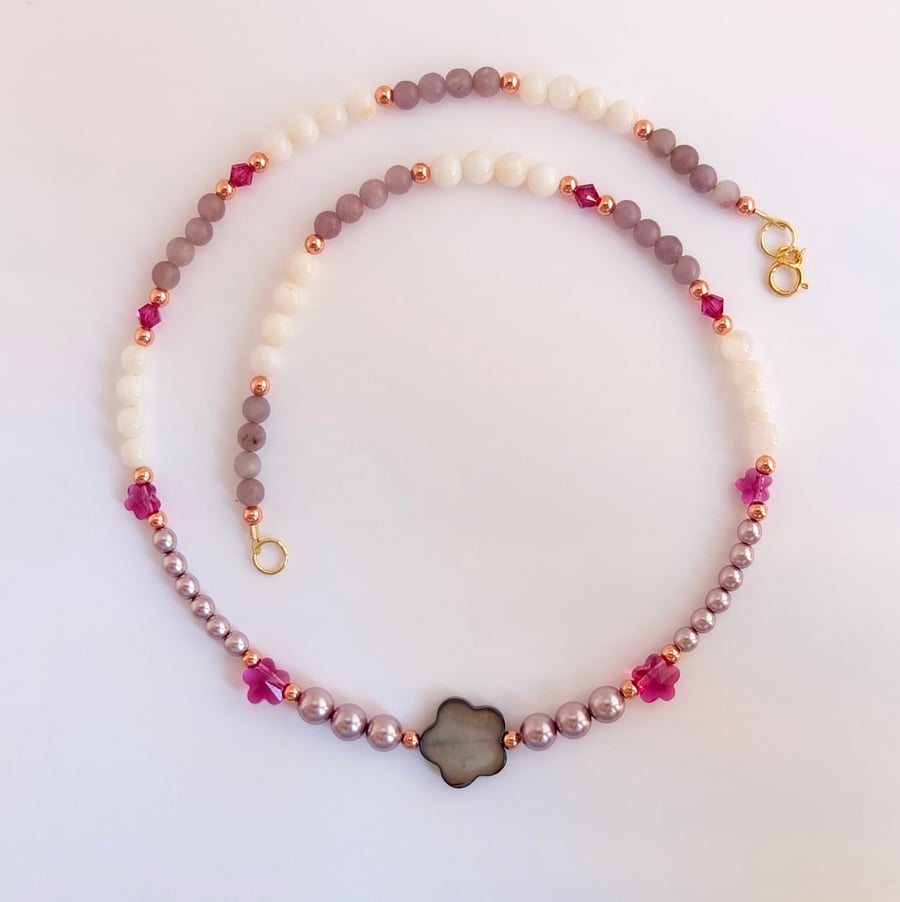  Swarovski Crystal & Pearl Necklace with Lepidolite & Shell - Seconds Sunday