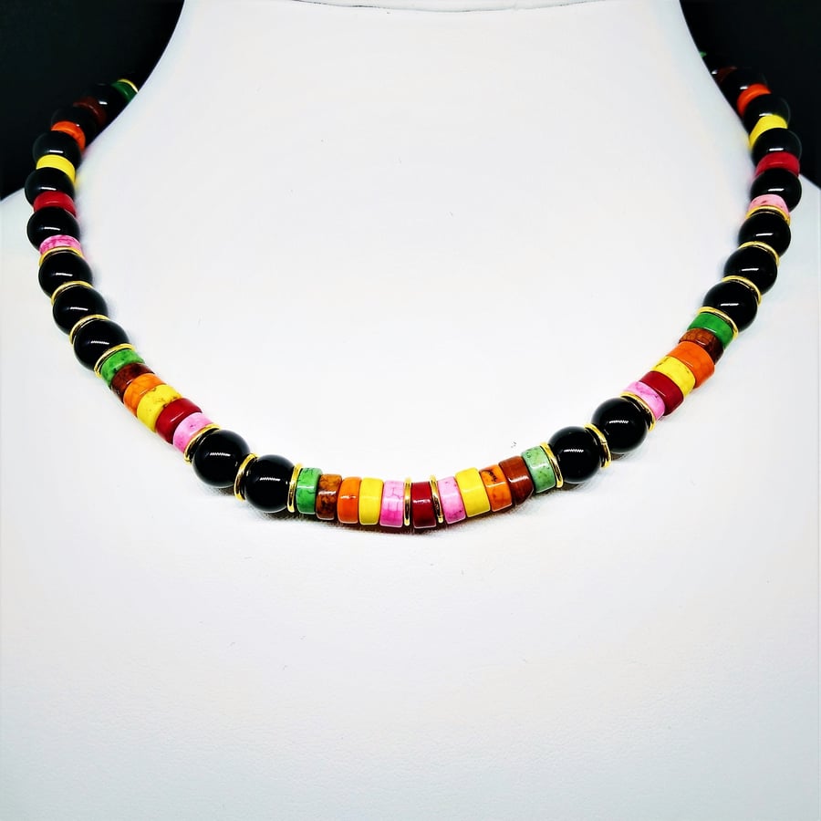 Black Agate and Rainbow Magnesite Choker Necklace 16 inch (40cm)