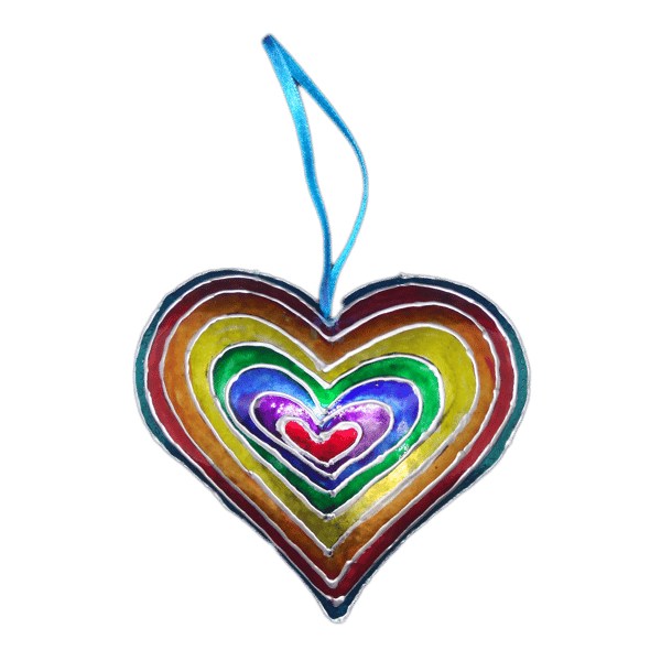 Rainbow Embossed Metal Heart decoration. Handmade. Made from a Coffee tin