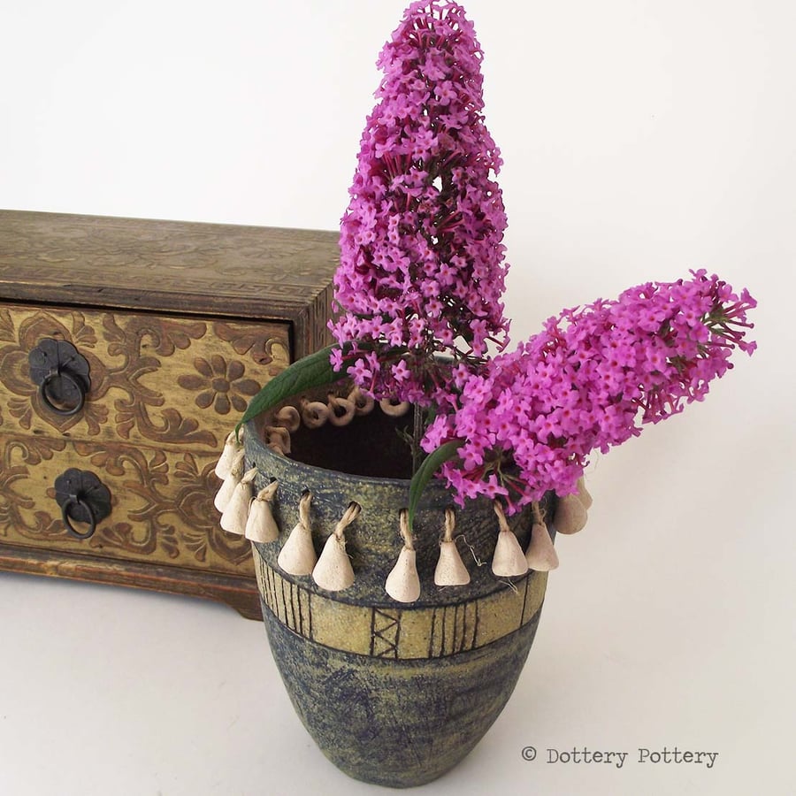 Sale Beaded stoneware ceramic pot, green pot