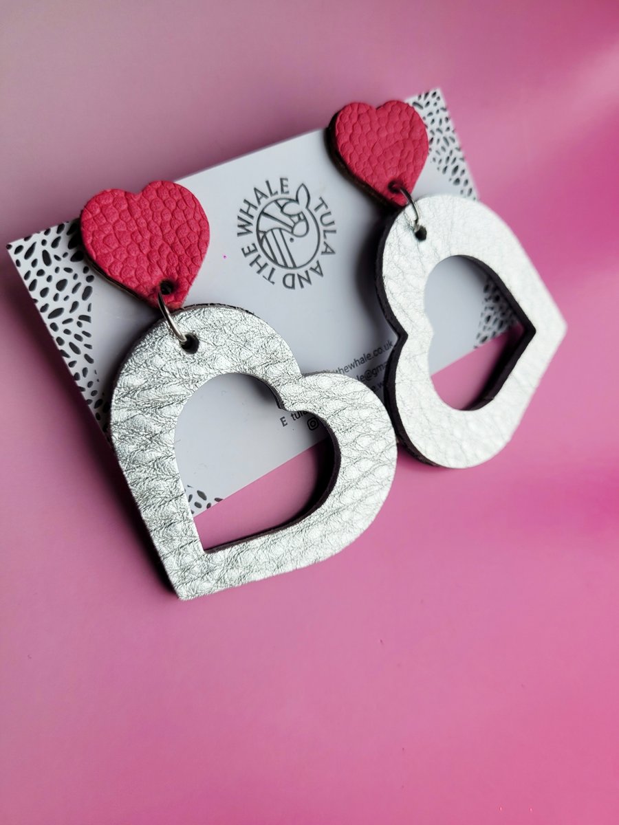 Statement Love Heart Earrings - Shocking Pink & Silver