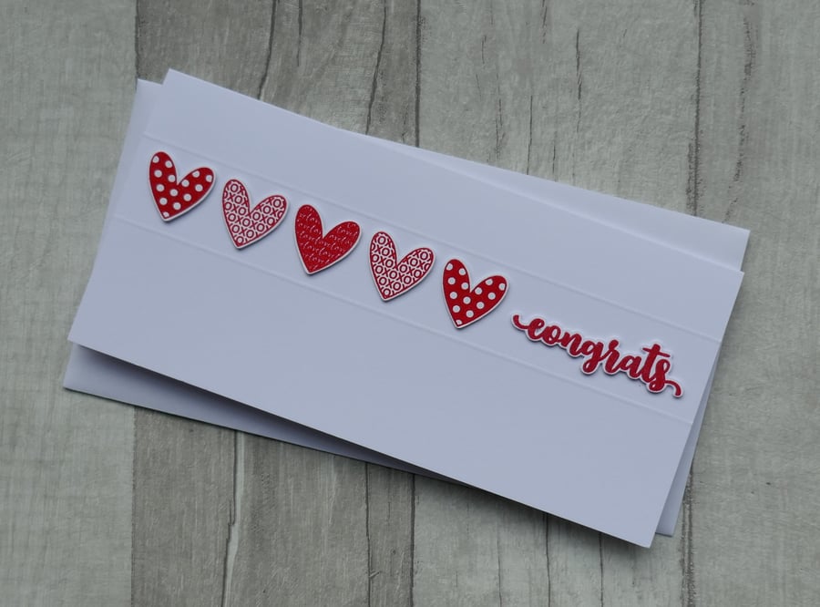 Anniversary Card with Red Die Cut Hearts and 'Congrats' Sentiment