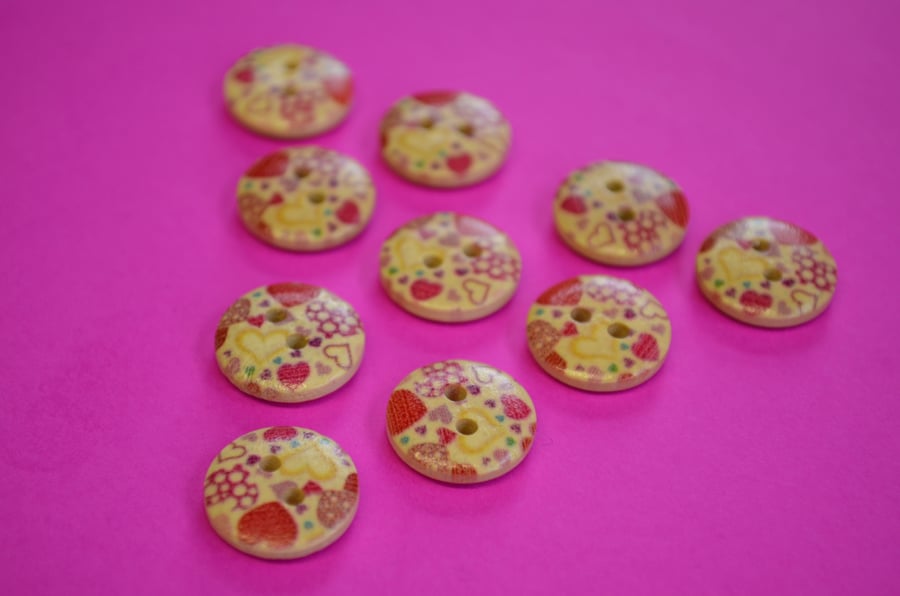 15mm Wooden Red Pink Yellow Heart Buttons Natural Wood 10pk (SNH5)
