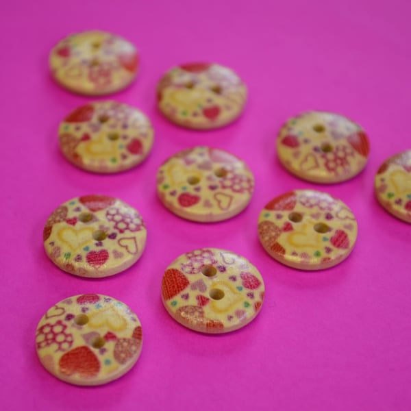 15mm Wooden Red Pink Yellow Heart Buttons Natural Wood 10pk (SNH5)