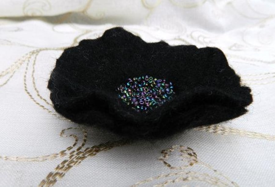 Black Poppy Flower Pin, Brooch with Beads, Handmade Felt