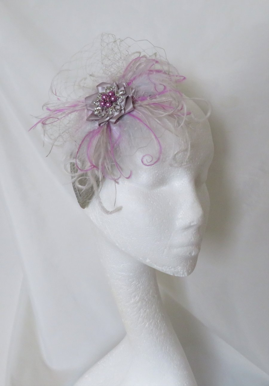 Silver Grey & Lavender Feather Veil Vintage Fascinator Hat