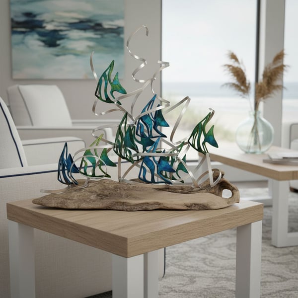 Contemporary Coastal Tabletop Fish Sculpture – Blue Stainless Steel & Driftwood