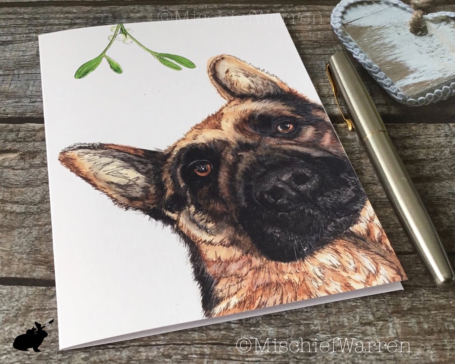 German Shepherd Christmas Card. Alsatian dog handmade Christmas card.