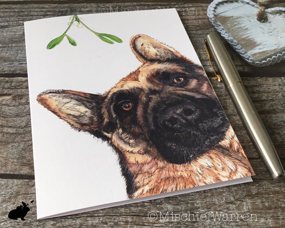 German Shepherd Christmas Card. Alsatian dog handmade Christmas card.