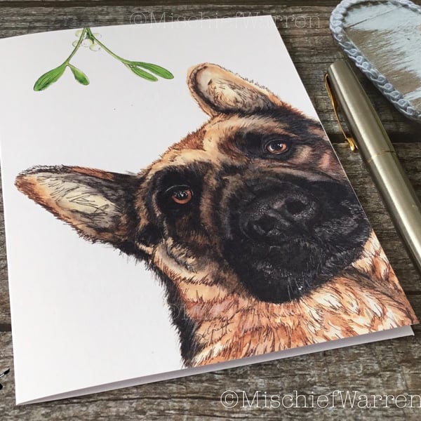 German Shepherd Christmas Card. Alsatian dog handmade Christmas card.