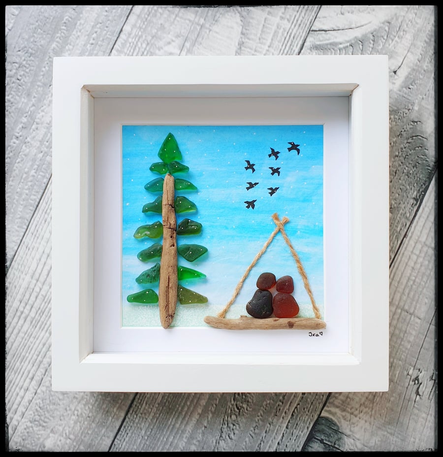 Seaglass, driftwood winter scene, "SNOWFALL"