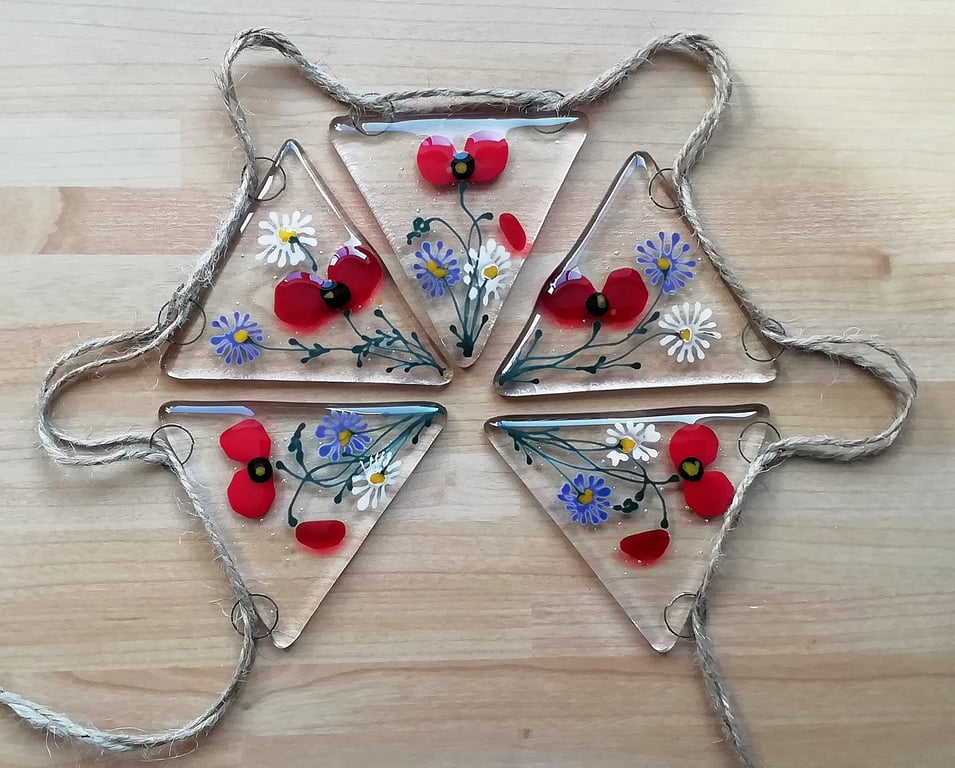Fused Glass Floral Bunting: Poppy, Daisy, Aster Meadow Decor