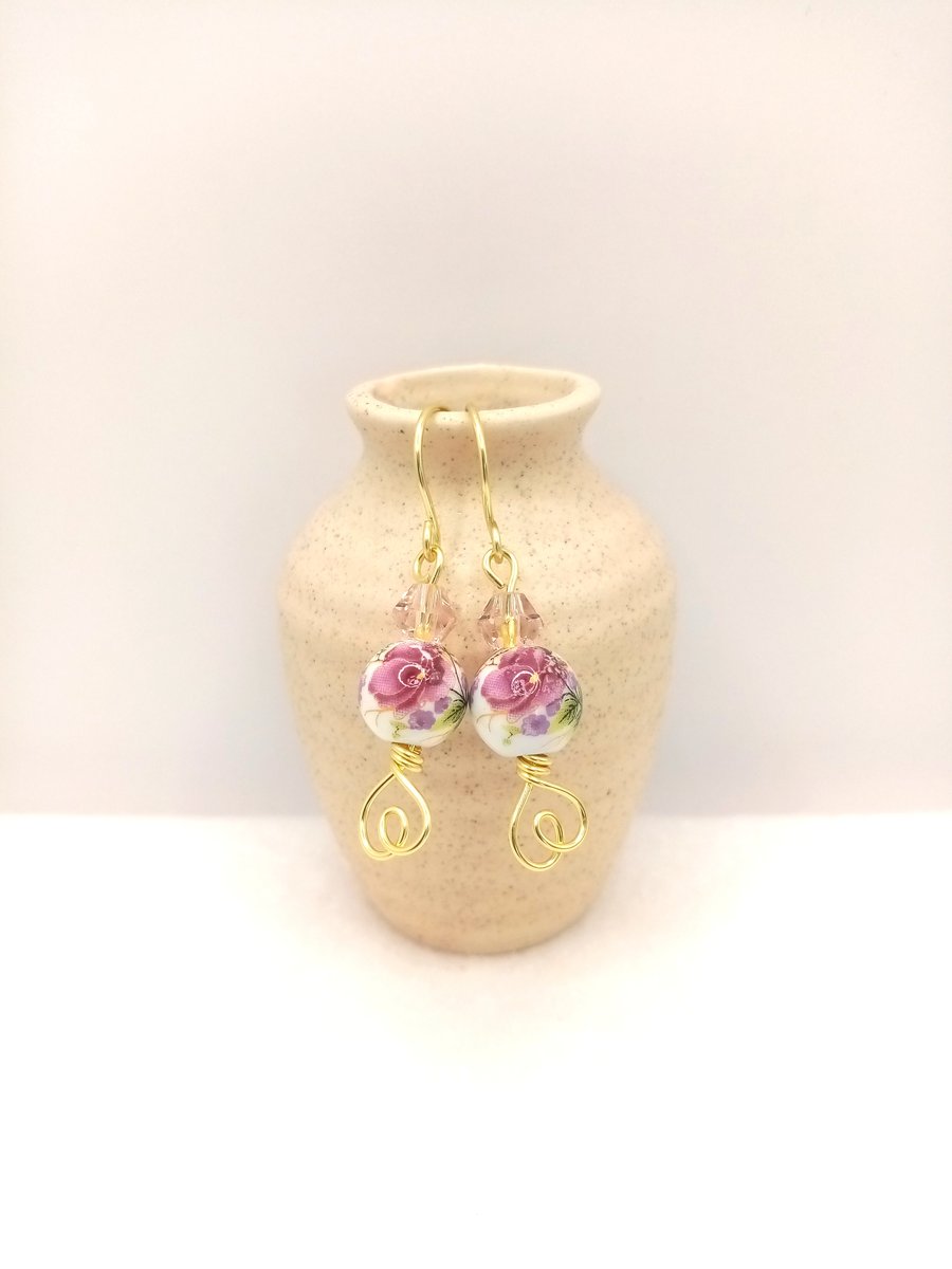 Rose Flower Pattern Drop Earrings, Plum Rose Dangle Earrings, Ceramic Porcelain