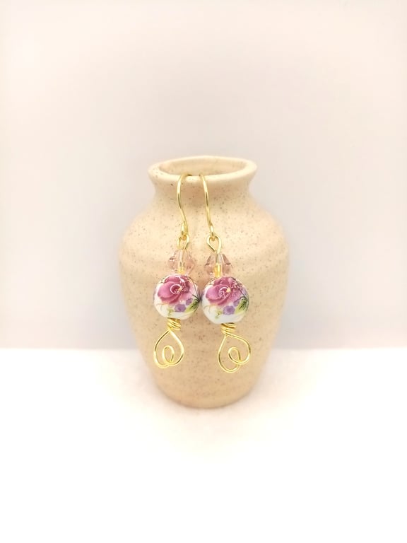 Rose Flower Pattern Drop Earrings, Plum Rose Dangle Earrings, Ceramic Porcelain