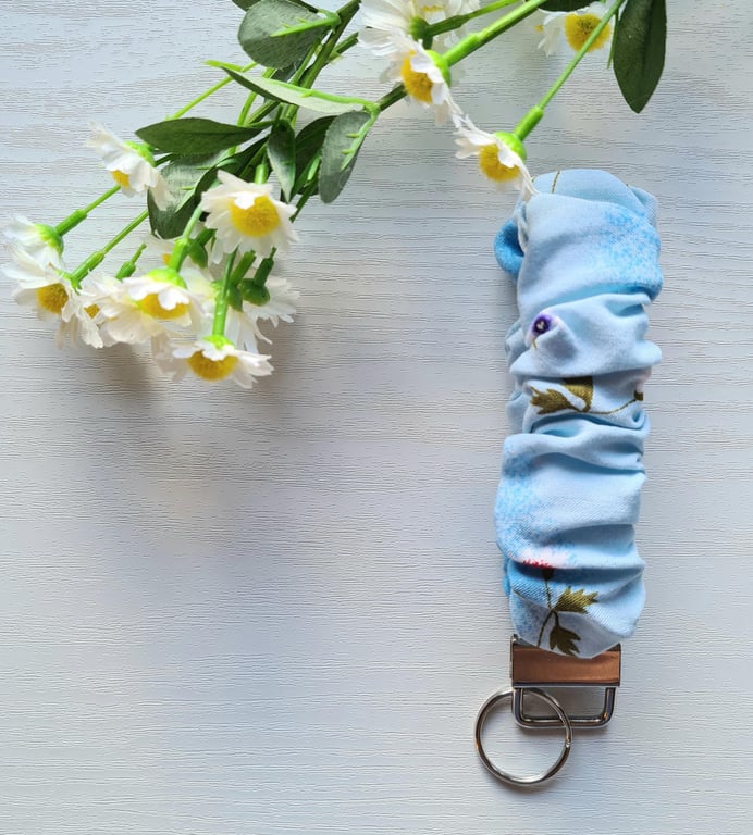 Wristlet Keychain, Pale Blue Floral Scrunchie Style Soft Cotton Fabric Key Fob
