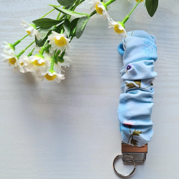 Wristlet Keychain, Pale Blue Floral Scrunchie Style Soft Cotton Fabric Key Fob