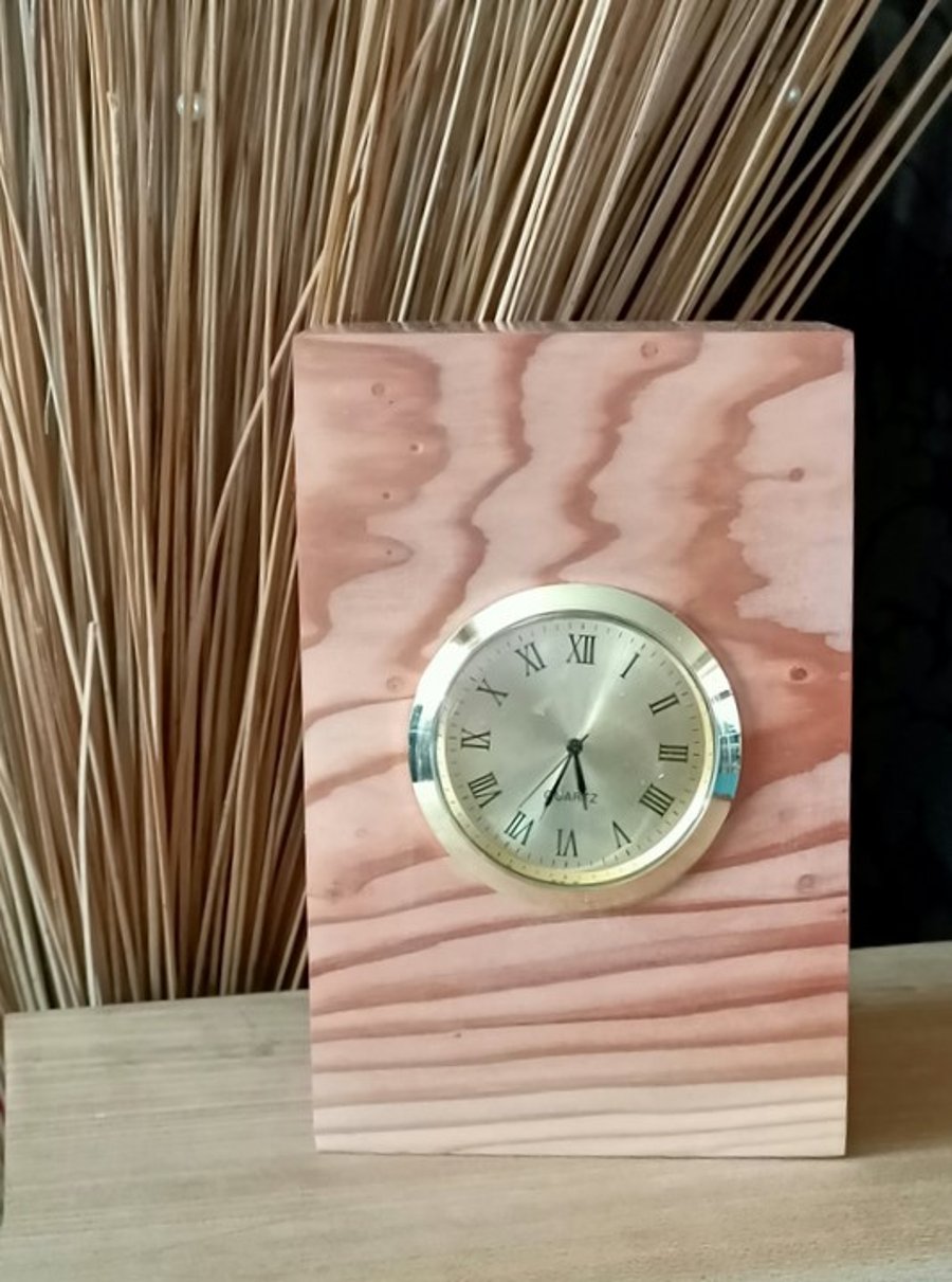 Wooden redwood rectangle clock golden metal rim