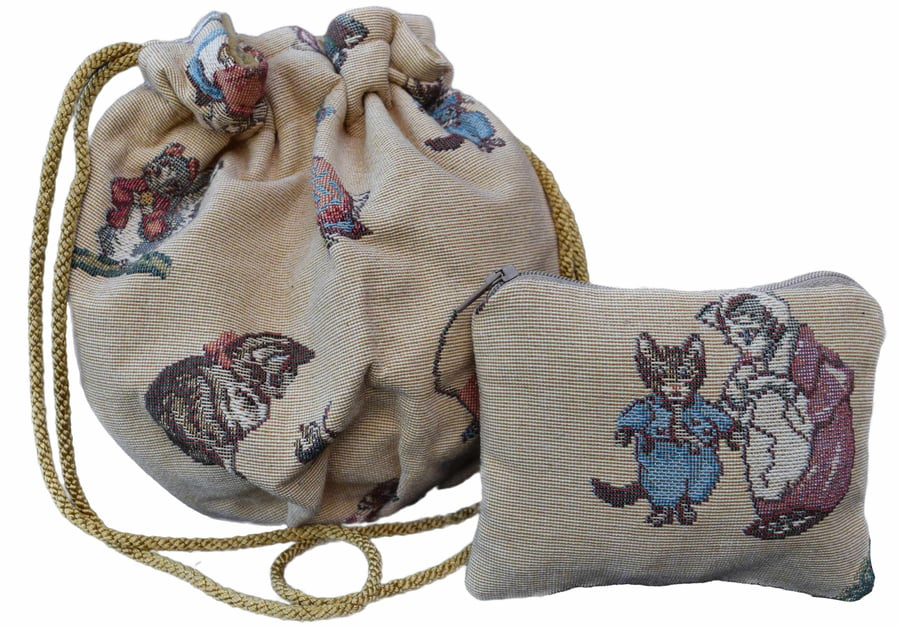 Beatrix Potter character Draw String bag complete with zip coin purse.