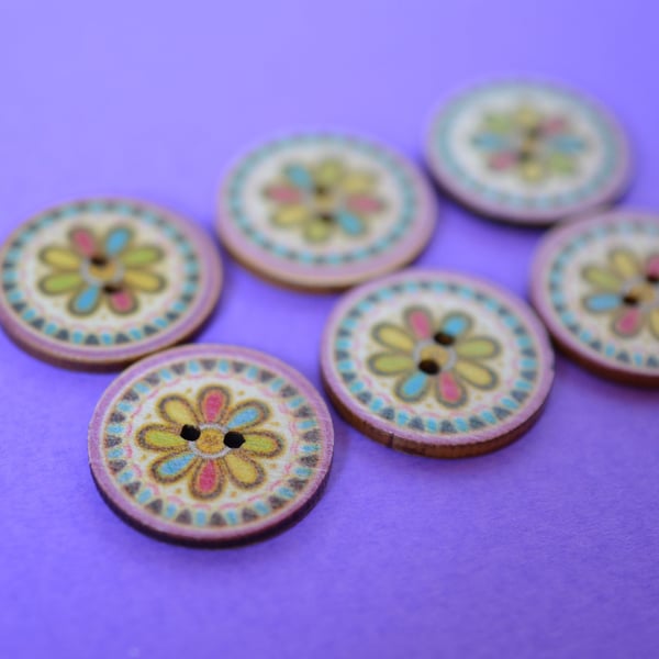 Wooden Mandala Patterned Buttons Multicoloured Flower 6pk 25mm (M17)