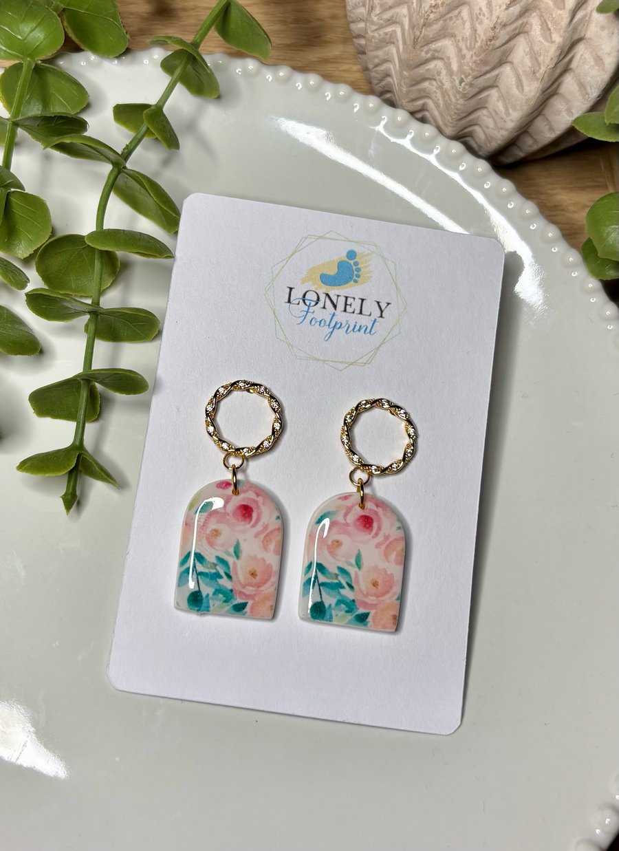 Pink Rose Design Polymer Clay Earrings - Floral Lightweight Handmade Earrings 