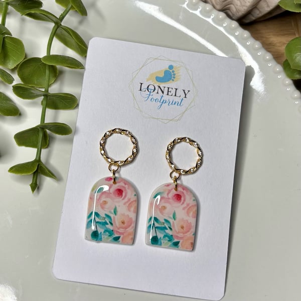 Pink Rose Design Polymer Clay Earrings - Floral Lightweight Handmade Earrings 