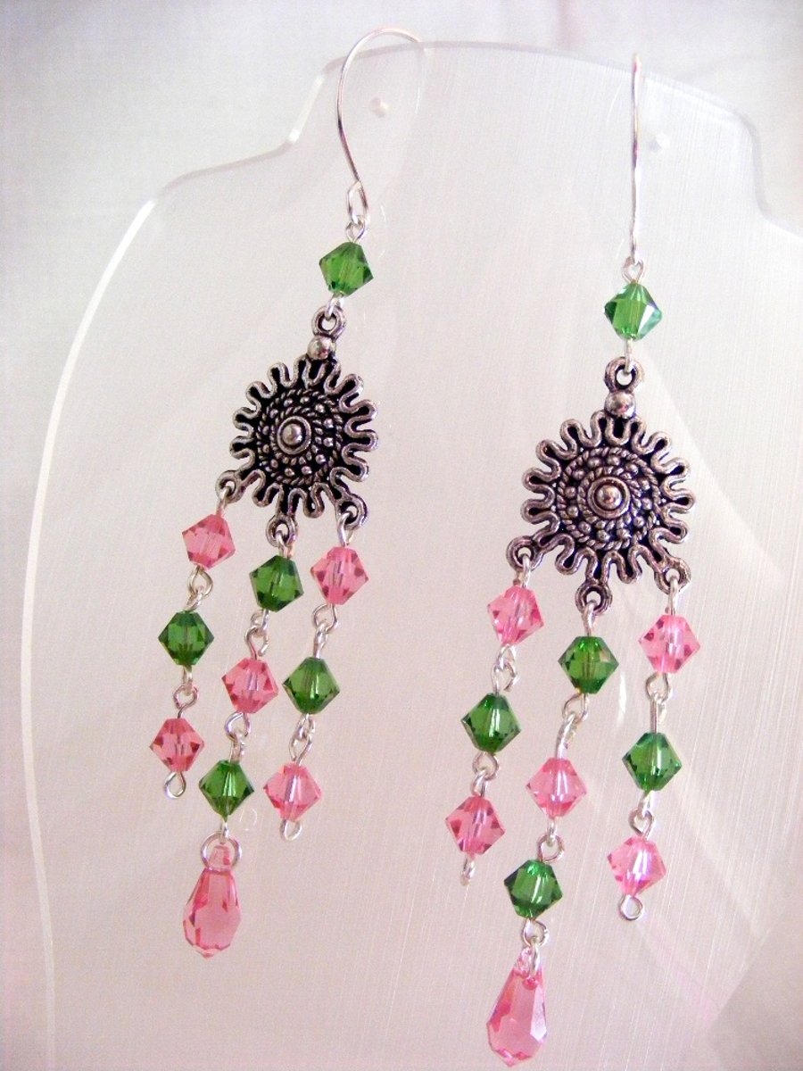 Pink and Green Dangling Earrings