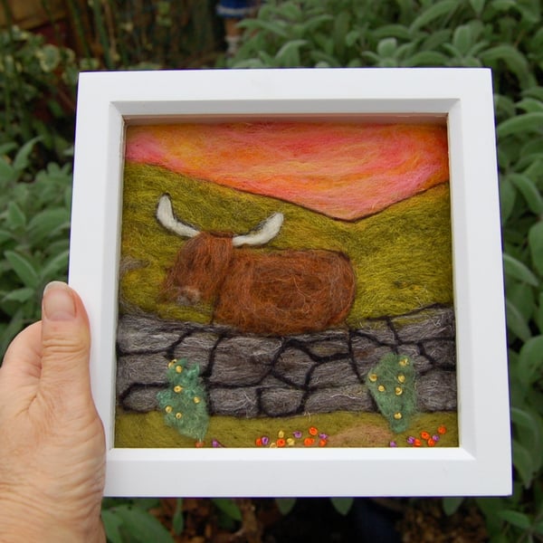 Needle felted and hand embroidered wool picture - Highland Cow