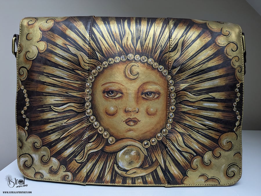 Hand-Painted Sun Vintage Faux Leather Messenger Bag