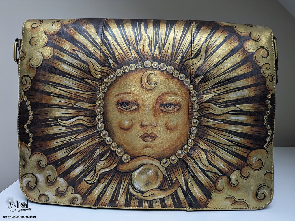 Hand-Painted Sun Vintage Faux Leather Messenger Bag